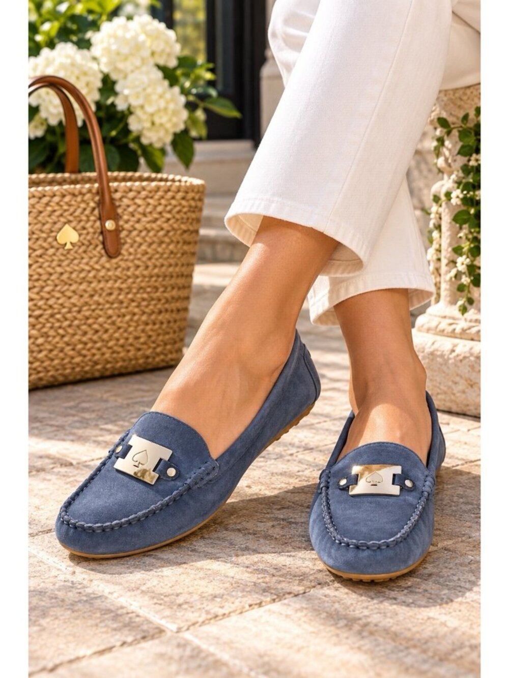 Kate Spade Carmen Loafers Womens 7B Blue Suede Gold Spade Driving Moc Shoes